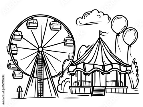 The scene includes a flat roller coaster, circus tent, and hot air balloon at an amusement park, as well as a festival carnival with a ferris wheel, food kiosk, and modern set of attractions
