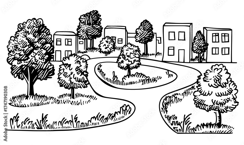 From above, a city's landscape plan elements are visible, featuring houses, roads, trees, building roofs, bushes, and traffic lanes, all part of a modern city map