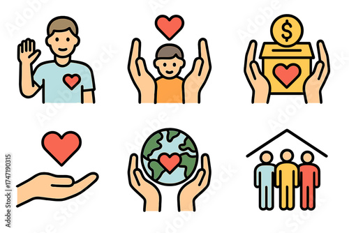 Humanitarian aid icon set for charity and volunteering. Vector icons for donation, adoption, non-profit organization, community support, social help and world peace.