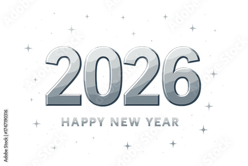 Happy New Year 2026 celebration background. Silver metallic 3D numbers on white. Festive holiday greeting card. Vector illustration for web banner, flyer and poster design.