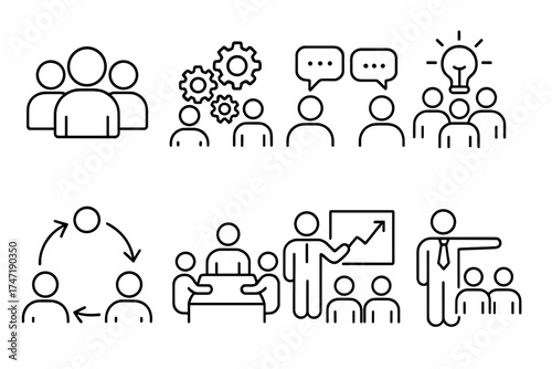 Teamwork and collaboration thin line icon set. Vector concepts of people interacting, communicating and working together. Includes business meeting, brainstorming, leadership and growth.