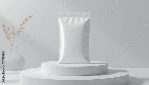 A minimal white packaging mockup featuring a pouch standing on a white podium, complemented by a decorative vase with dried plants, creating a clean and elegant  setting with soft shadows.