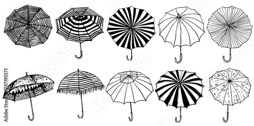A vibrant and realistic beach umbrella featuring colorful designs from a top view, accompanied by sun parasols adorned with dots and stripes, forming a modern set for summer pool umbrellas to provide
