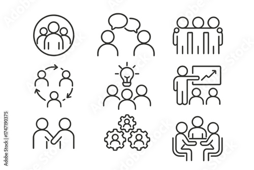 Teamwork and collaboration line icon set. Business people interacting, communicating, working together. Group work, brainstorming, meeting, presentation and partnership concepts.