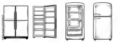 The modern refrigerator set for a home kitchen includes a mockup with open and closed versions, shelves, and an empty wide fridge featuring a sensor panel