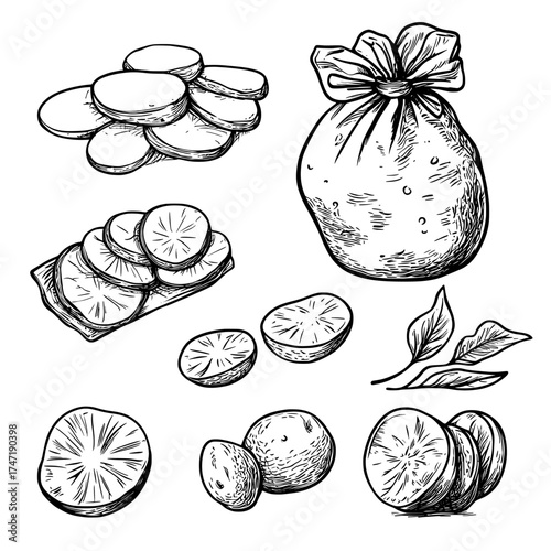 In the cartoon, a raw potato was peeled, sliced, and turned into french fries, and other potatoes were placed in a bag, chopped, and converted into chips and slices, displaying a modern set of cuts
