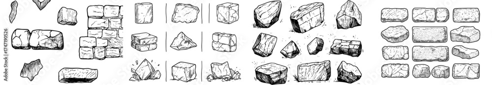 The texture of cobblestone is featured, along with pavement bricks and pebbles in a vintage decorative graphic, a stone sidewalk paving plan, and a garden patio with a black path, all presented as a