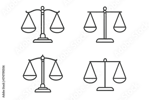 Vector thin line scale icon set for balance, law, and justice. Symbol of measurement, decisions, precision, comparison, and equilibrium. Legal weight illustration transparent.