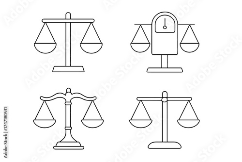Vector thin line icon set of balance scales. For concepts of law, justice, measurement, and equilibrium. Libra symbol. Court decision, comparison, and precision weight tool.