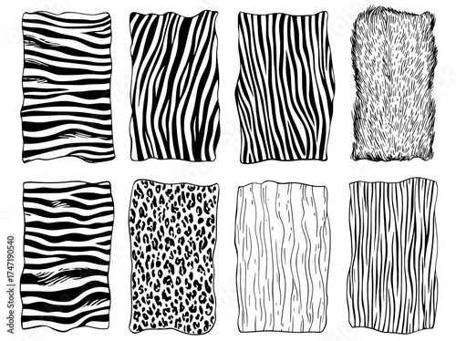 A collection of tiger, leopard, and zebra skin textures, combined with reptile and mammal camouflage prints and animal fur patterns, set against a modern safari background