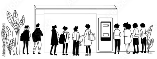 At the railway station, a group of people, including women and men with luggage, are waiting for their mode of transport as they embark on a journey