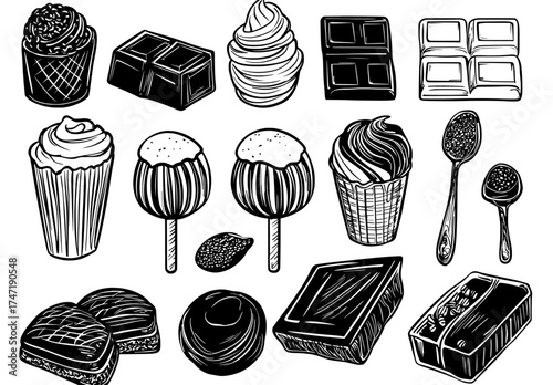 An ice cream constructor is shown, surrounded by cartoon imagery of cold summer desserts, including a variety of ingredients, brightly colored waffle cones, fruits, ice cream milky balls, and