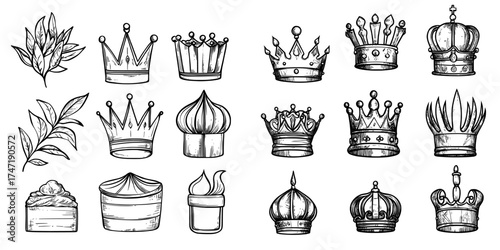 Royal accessories, including gold sketch crowns and hand-drawn diadems, are designed for queens, kings, as well as princes and princesses