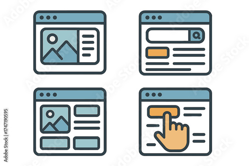 Website UI UX icon set. Browser window with webpage layout, image gallery, search bar and click button. Internet technology and web design elements for user interface.