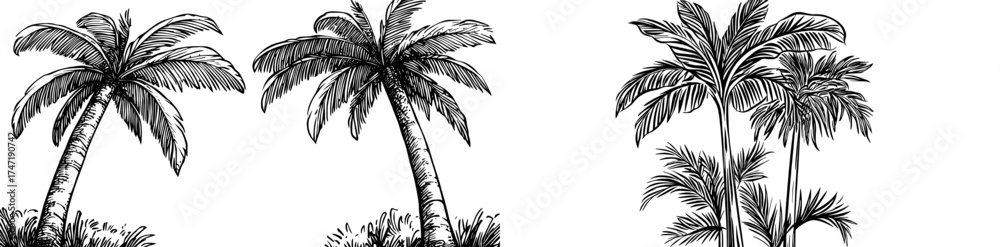 Obraz premium Black palm trees, an exotic symbol of summer sea coast plants, including coconut and banana trees, as represented in a black icon collection of modern tropical vacation elements