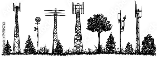 Outlines of broadcast antenna towers and radio mast silhouettes make up a modern set of communication technology equipment