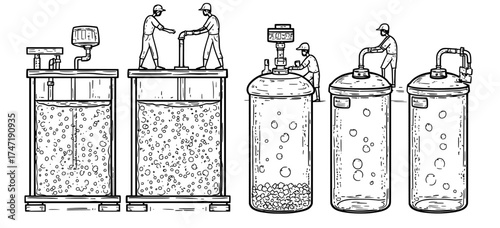 Industrial equipment for storing and filtering is used in the water purification process, which includes a water treatment production line, chemical industry, water well with pump, and water