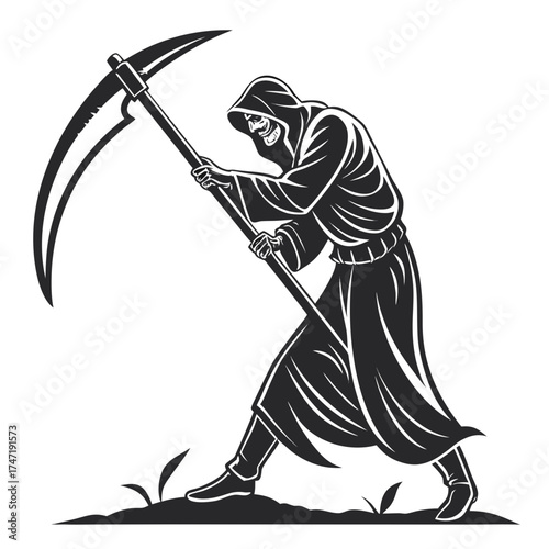 Grim Reaper holding scythe black silhouette on white