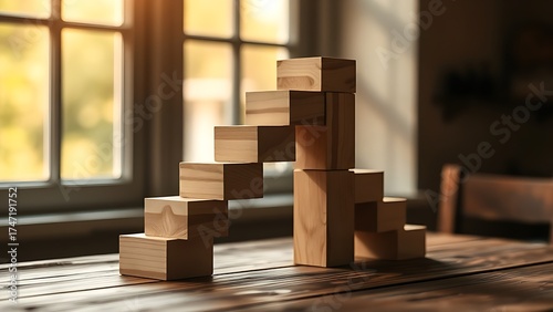 Wooden blocks forming an abstract staircase bathed in warm morning sunlight.