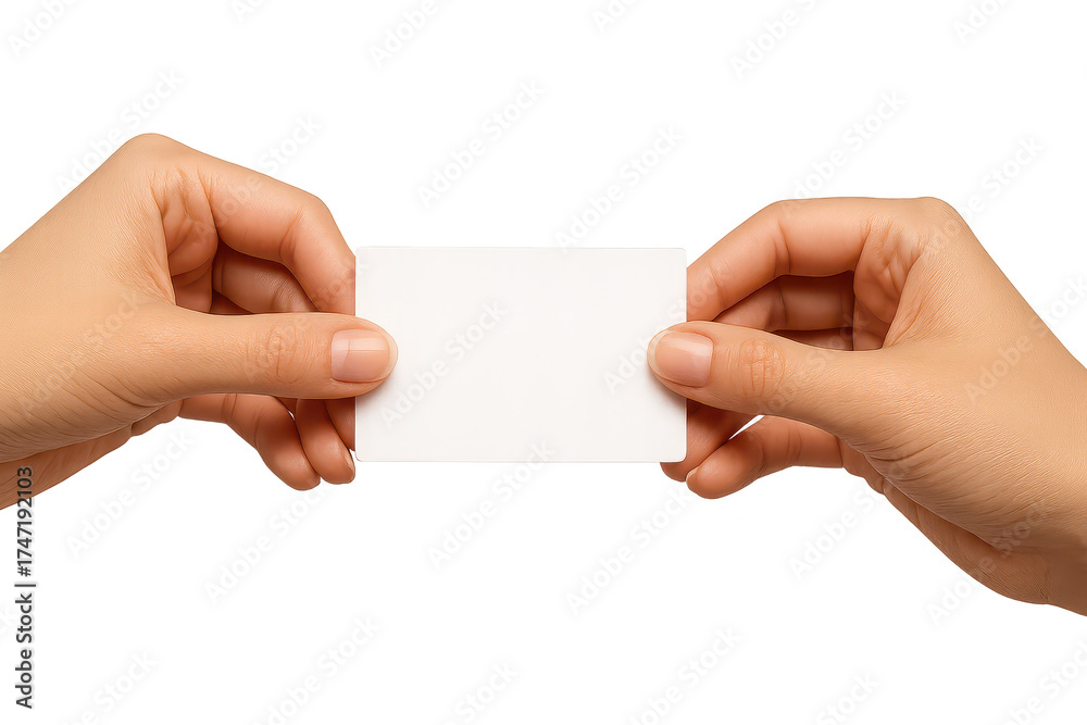 Fototapeta premium Two hands holding blank white business card isolated on transparent background