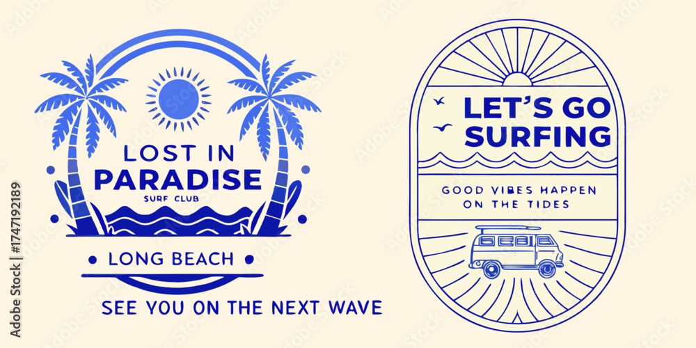 Obraz premium Retro surf club emblems with palm trees sun waves surfboards and a van