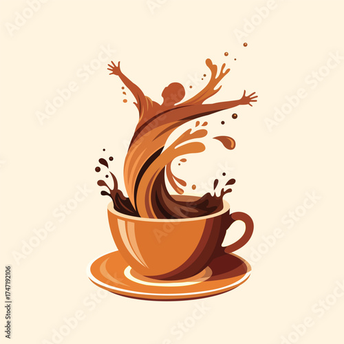 A cup of coffee with a human figure jumping out of it, symbolizing the energy and happiness that coffee can bring to your day