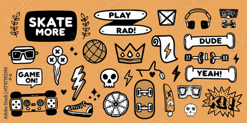 Collection of fun doodle style illustrations related to skateboarding gaming and retro vibes