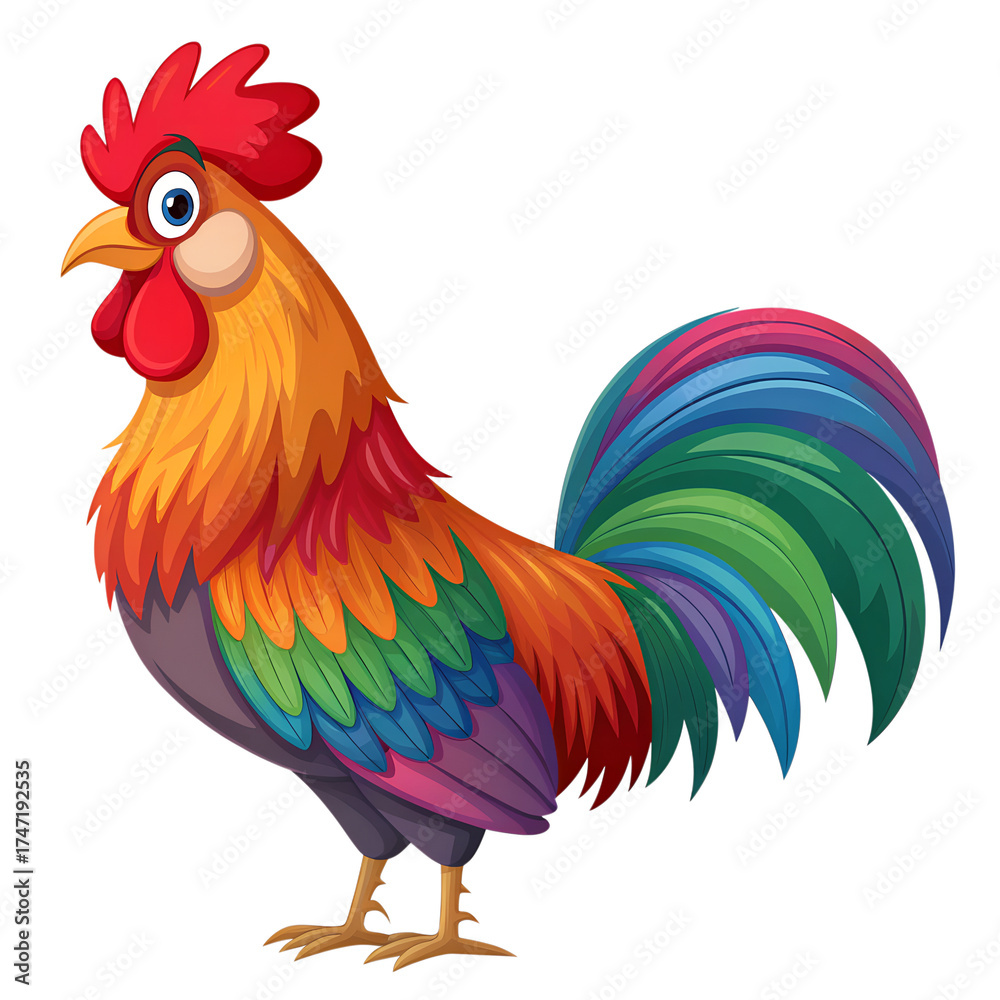 Fototapeta premium Vibrant rainbow rooster standing proudly isolated on transparent background