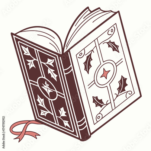 Open book with christmas carol motifs and ribbon holly