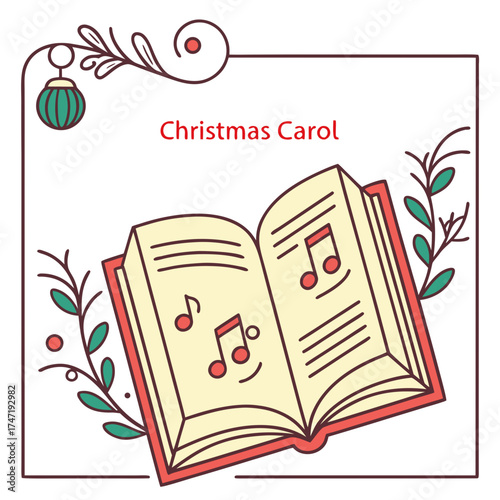 Open Christmas carol book with musical notes and festive decoration