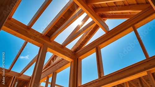 House construction framing with wooden structure against blue sky.