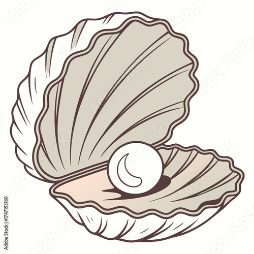 Open Seashell with Pearl Realistic Flat Style white