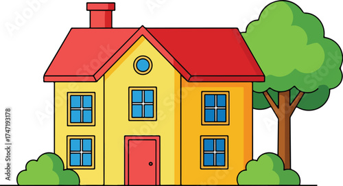 Flat Vector Illustration of a Cute House with Red Roof and Yellow Walls