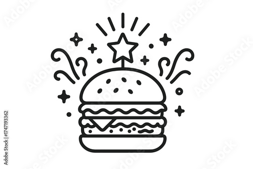 Best burger icon with a star. Hamburger logo for a fast food restaurant menu. Delicious cheeseburger concept. Vector line art illustration for a special celebration offer.