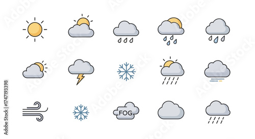 Vibrant Weather Forecast Icon Set Featuring Diverse Meteorological Conditions Including Sunny, Cloudy, Rainy, Snowy, and Windy Illustrations for Digital Use