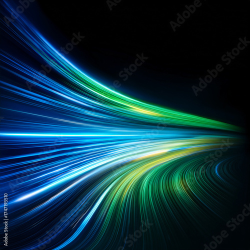 speed motion blur background, blue and green speed light streak wave on black background,colorful light trails in the dark