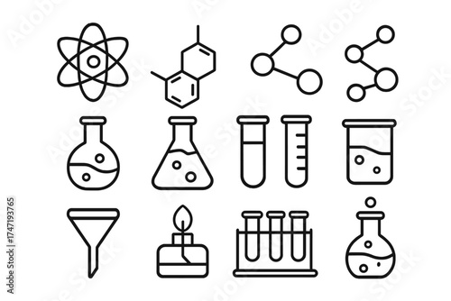 Chemistry line icon set. Science and laboratory research equipment symbols. Vector illustration of atom, molecule, test tube, flask, beaker, and chemical formula structure.