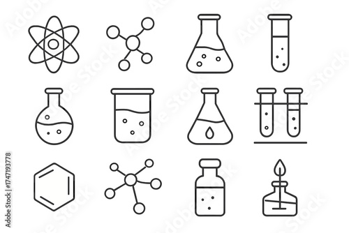 Chemistry science line icon set. Simple linear illustration of atom, molecule, chemical compounds, flask, test tube for lab research, education, web, app, post design.