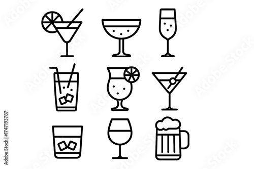 Drink and cocktail line icon set. Vector symbols for bar menu, party concepts. Includes martini, champagne, beer, and whiskey glasses. Minimal linear illustration for apps.