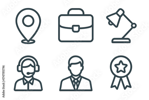 Business and office thin line icon set. Vector symbols for web design, website and mobile apps. Contains location, briefcase, lamp, support, user and award outline icons.