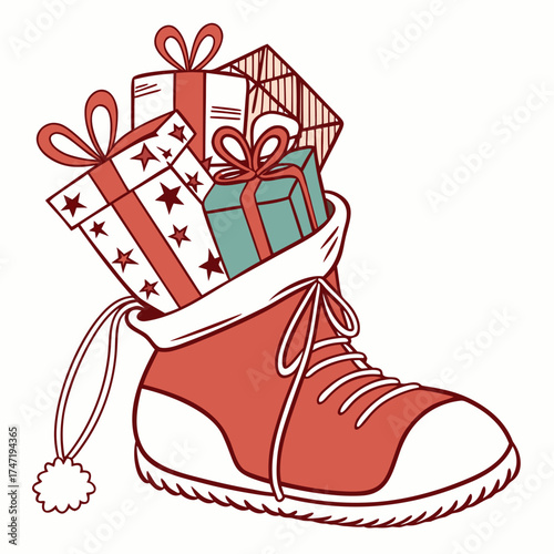 Red boot overflowing with wrapped gifts presents christmas