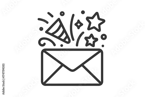 Party popper with confetti exploding from an envelope. Celebration, invitation, or congratulations concept. Mail with good news, success, or special event announcement. Vector icon.