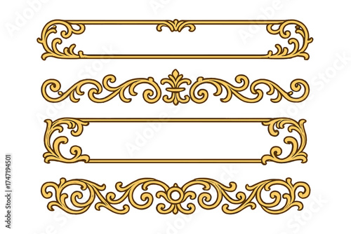 Golden vintage border set with ornate frames and dividers. Classic baroque scroll decoration. Elegant filigree elements for luxury certificates, invitations, and wedding design.