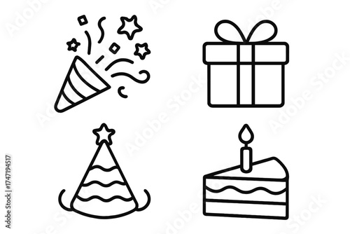 Birthday party celebration line icon set. Vector outline illustration collection with gift box, cake slice, party popper, and festive hat. Simple minimal design elements.