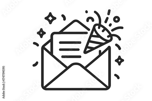 Congratulations message icon. Party popper in open envelope. Invitation, announcement, good news concept. Celebration, event, greeting card vector. Surprise mail illustration.