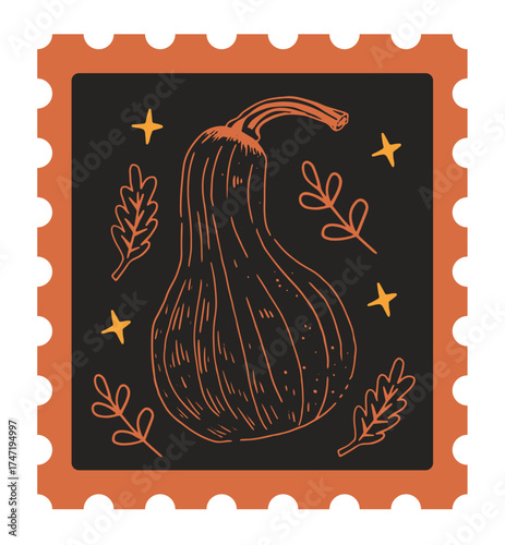 A stylish vector design of a pumpkin on a decorative postage stamp background. Features line art details, fall leaves, and a modern autumn color palette. Great for prints and packaging.