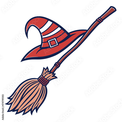 Red witch hat and broom with navy blue outline halloween