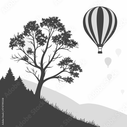 Silhouette tree and hot air balloons over rolling hills
