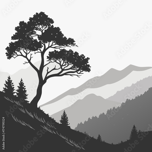 Silhouette of a lone tree on a hill with layered mountains