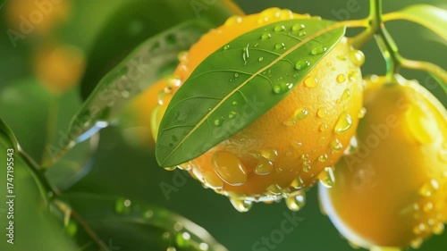 A fresh bunch of vibrantly colored citrus fruit, possibly oranges or lemons, with droplets of dew-like water glistening on them.